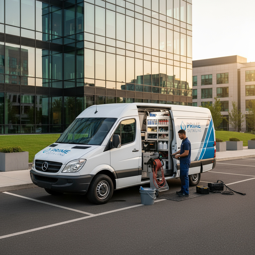 Mobile detailing van near a modern office building
