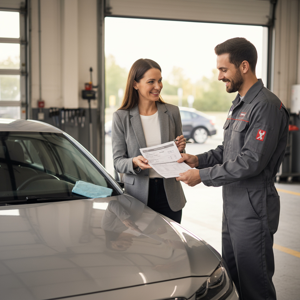 Technician handing a checklist and invoice to a customer