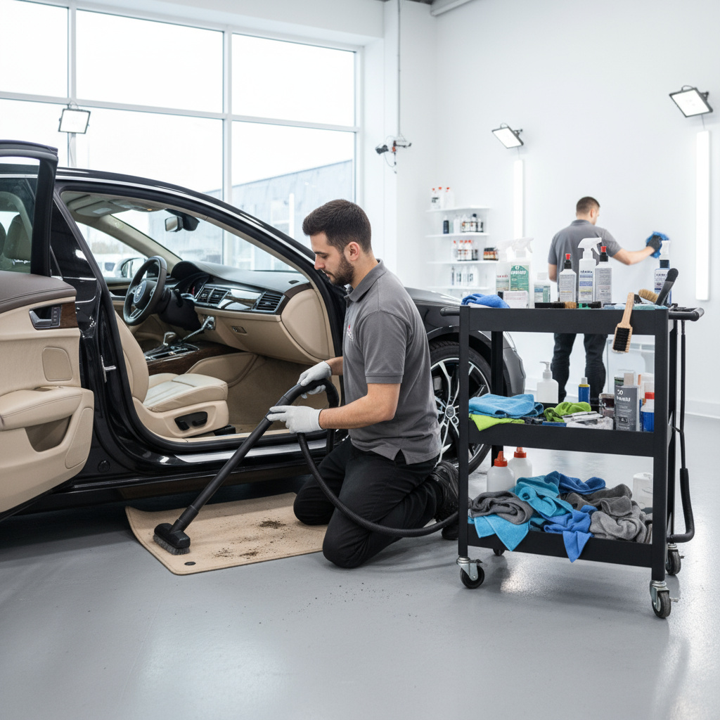 Interior detailing with vacuuming and tools in a tidy setting