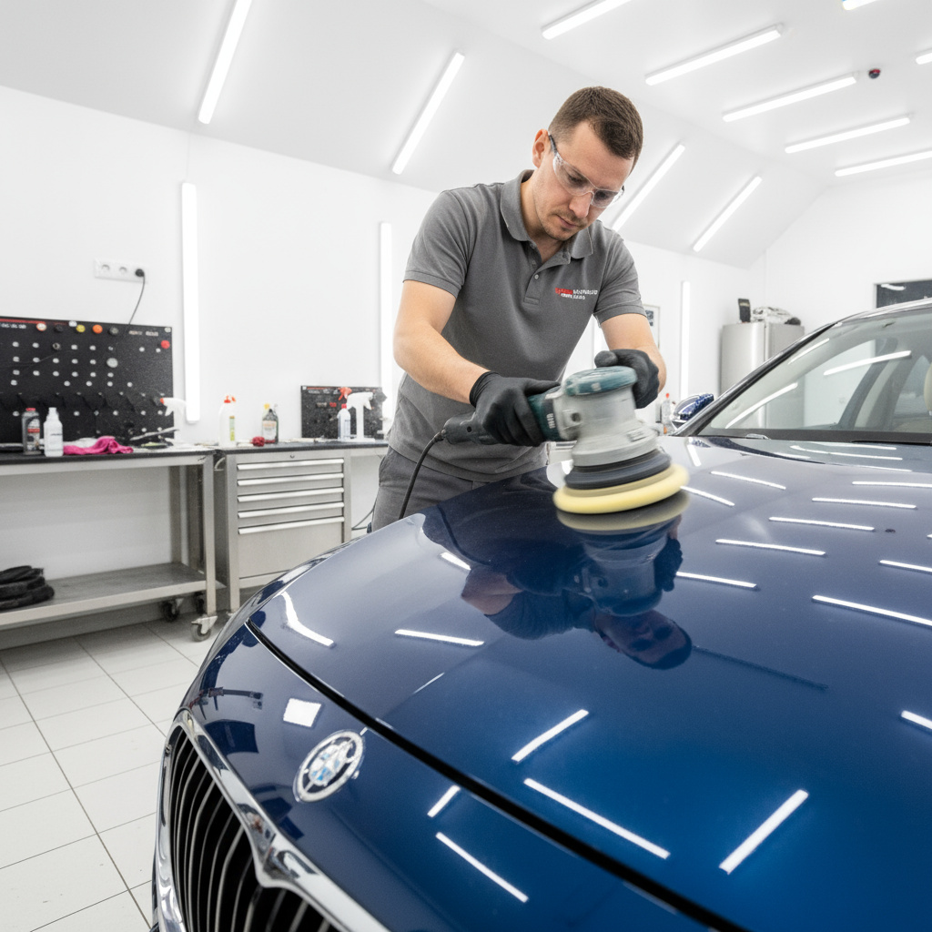 Technician polishing paint with a dual action polisher